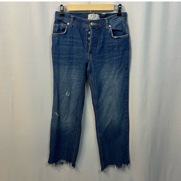 Free People Maggie Ripped Cropped Straight Leg Raw Hem Button Fly Jeans 25 - Picture 1 of 5